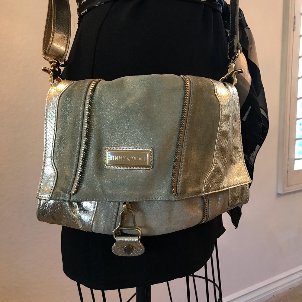 ♦️90% OFF! JIMMY CHOO Metallic Gold Leather and Snake EXPANDABLE CLUTCH - Picture 2 of 8